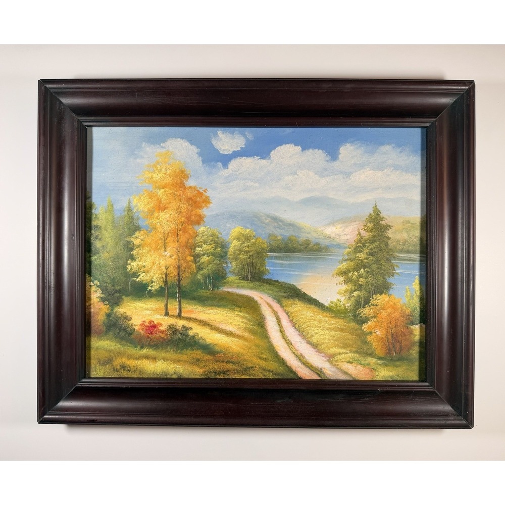 Autumn Lake Scene Landscape oil painting Dark Wood Frame 19"x15" Country‎ Core